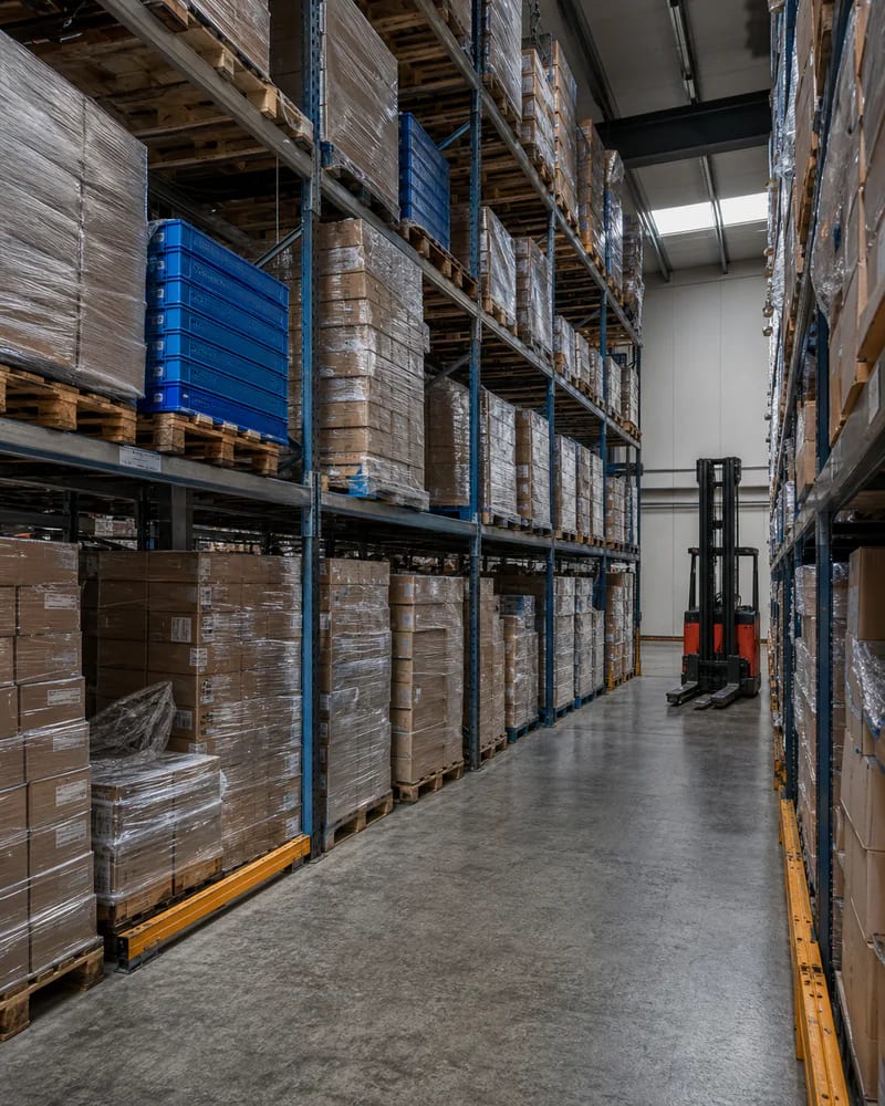 High-bay racking stacked with palletised stock