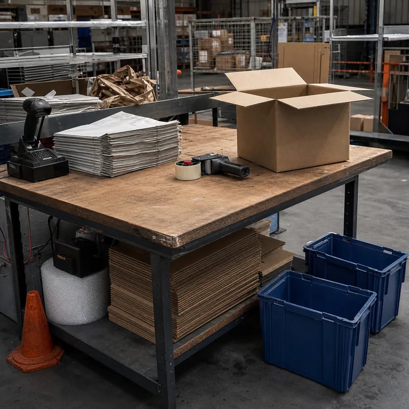 Packing bench mid-shift with cartons and tape