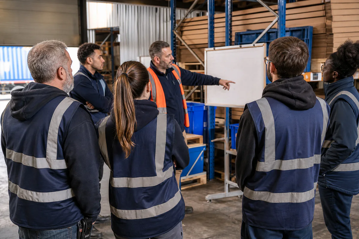 Warehouse team at a shift briefing