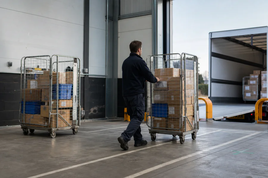 Labelled parcels staged on the dispatch lane for carrier collection