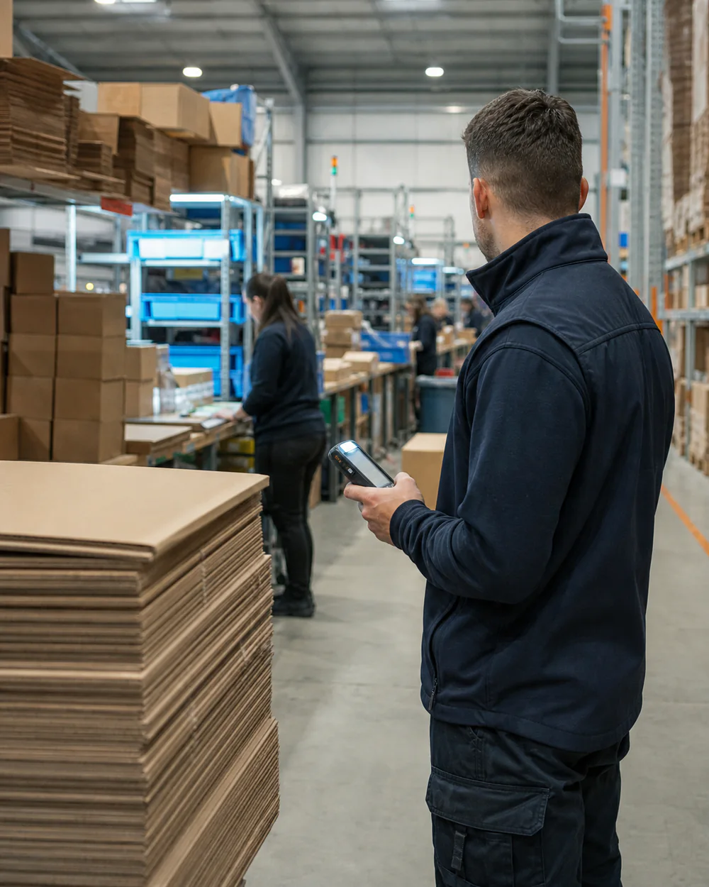 Supervisor checking dispatch figures on the warehouse floor