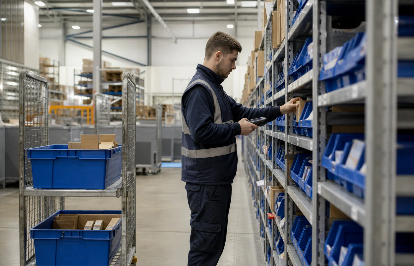 Fulfilment operative picking an eCommerce order from a bin location