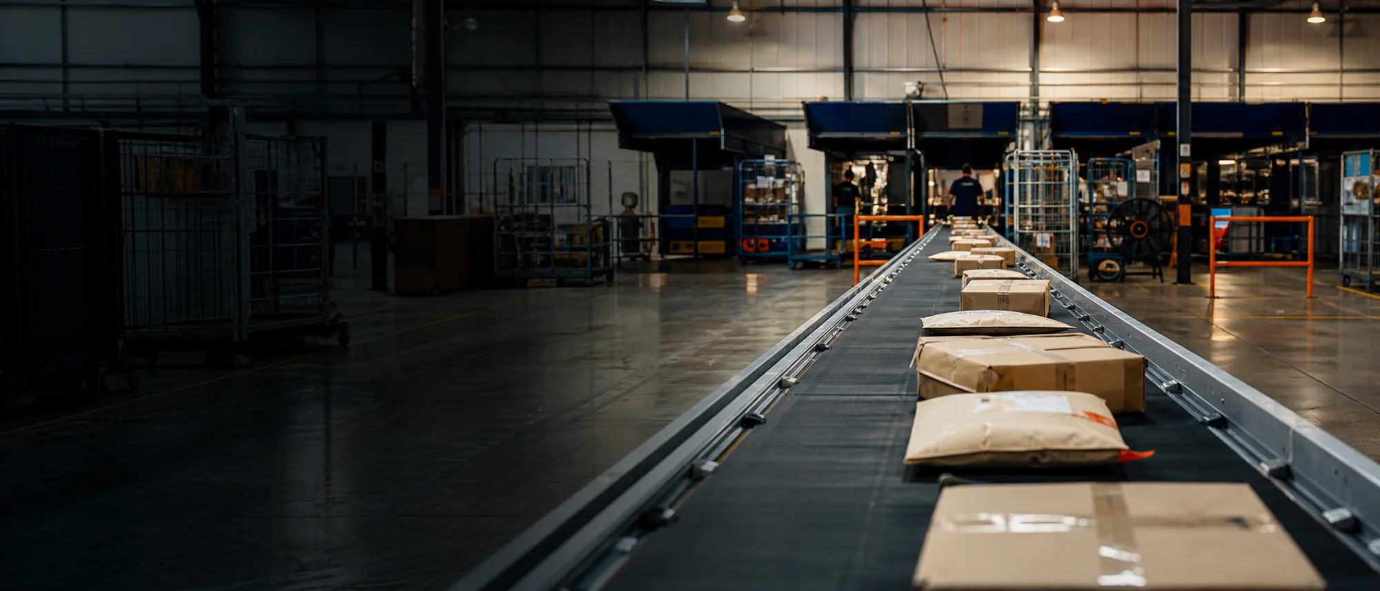 Conveyor line running parcels toward the dispatch lanes